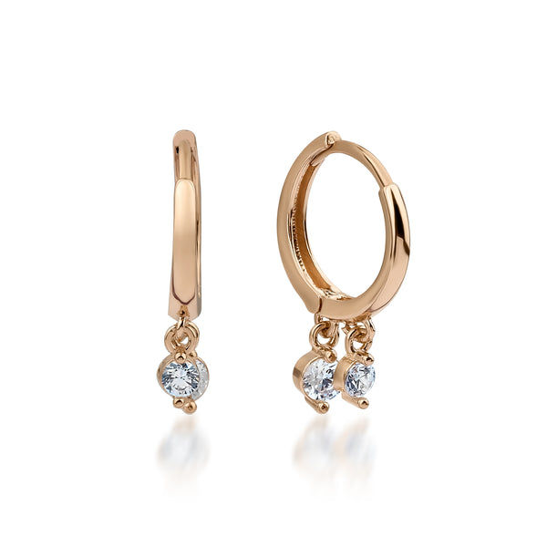 14ct Rose Gold Hoop Earrings with Double Cubic Zirconia Solitaire Charm