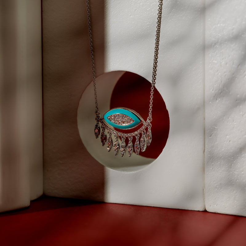 Magic Moment Evil Eye Gemstone-Embellished Rose Gold Pendant Necklace – Pink Enamel