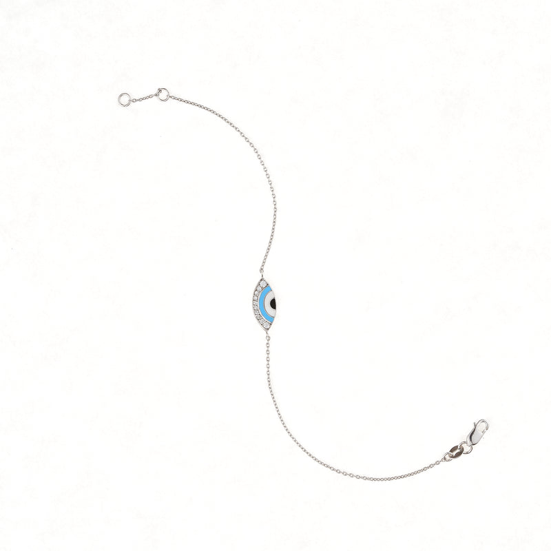 18ct White Gold Diamond and Blue Enamel Evil Eye Chain Bracelet