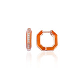 14ct Yellow Gold Diamond and Orange Enamel Octagonal Hoop Earrings