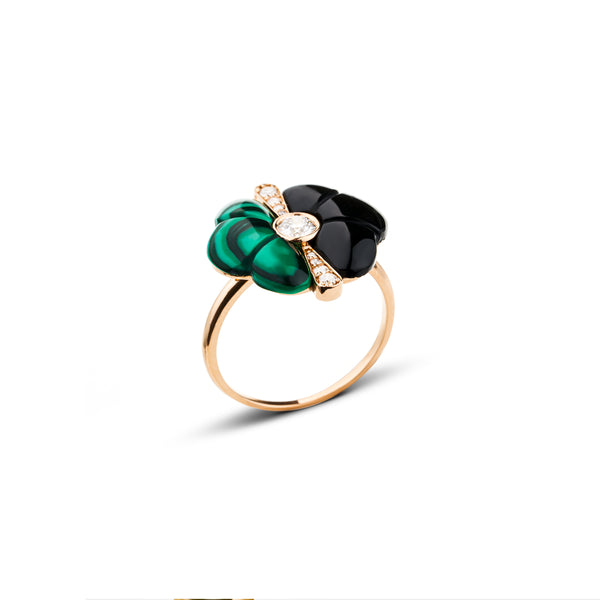 Blossoming Love 18ct Rose Gold Malachite and Onyx Flower Ring