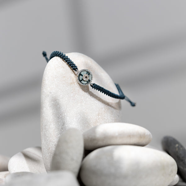 18ct White Gold Diamond and Dark Blue Enamel Evil Eye Adjustable Bracelet