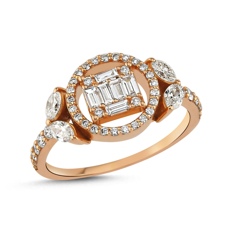 Rose Gold Rectangular Diamond Cluster and Halo Ring